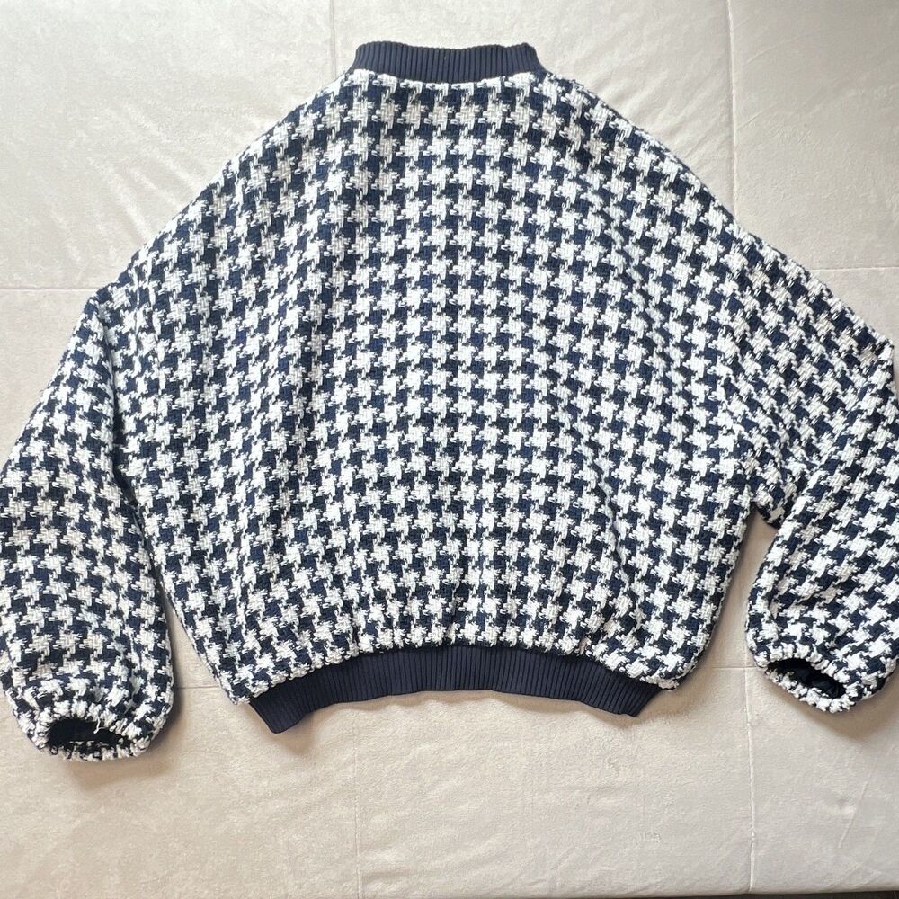 ZARA Women’s Navy/White Houndstooth Bomber Jacket L Zip Front Lined - Picture 10 of 10